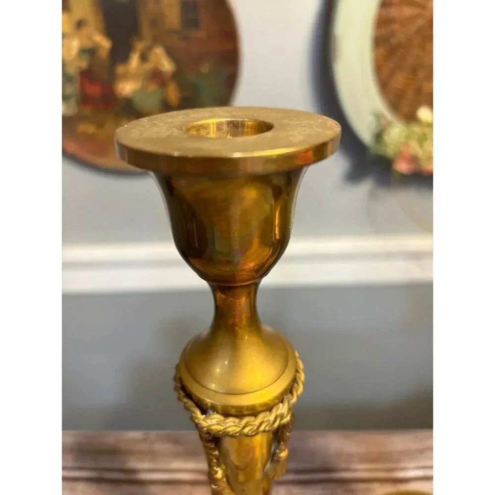 Solid Brass Rope Design Candlesticks, Made in India, Pair - 10.5